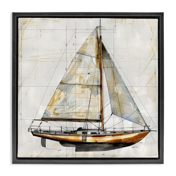Stupell Industries Tropical Vintage Sailboat Drawing Blueprint Black Floating Frame Canvas Art, 18 x 18, by Creative Studio