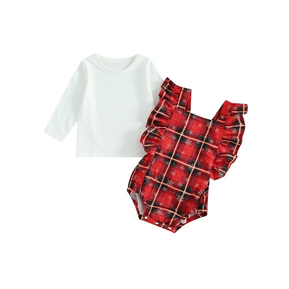 Wassery 2Pcs Baby Girls Christmas Outfits 6M 12M 18M 24M Infant Girls Sleeveless Ruffle Romper   Long Sleeve Tops Set Newborn Girls Christmas-themed Clothing