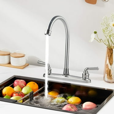 Fixdono 2 Handle Kitchen Sink Faucet, High Arc 360 Swivel Stainless Steel Pipe 3 Hole Kitchen Faucet for RV Laundry Farmhouse Bar Sink, Silver