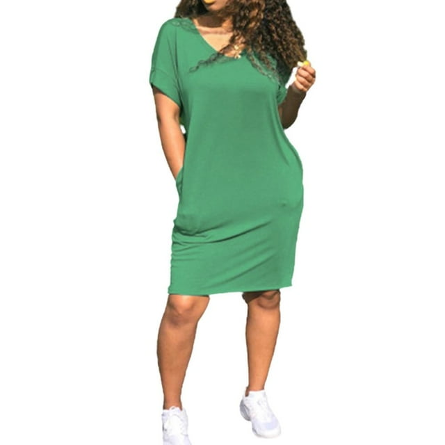 Robe Décontractée pour Femmes Été Casual T-Shirt Robe V-Cou Manches Courtes Mi-Longueur Robe Poches Vêtements pour Femmes 3XL Jaune