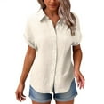 thumbnail image 5 of GXIPO Button Down Shirt Women Cotton Short Sleeve Blouses V Neck Collared Button Up Summer Beach Tops Beige M, 5 of 6