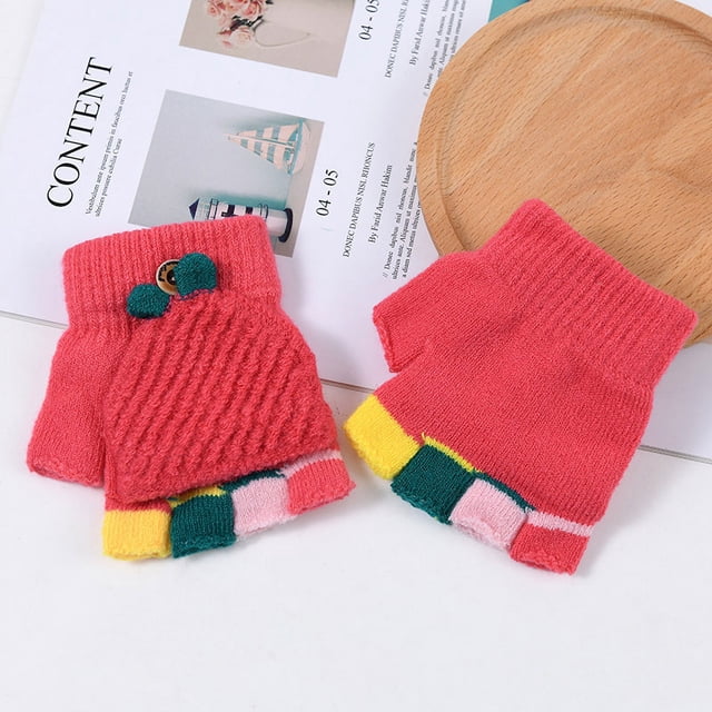 Guantes de punto con vuelta para niños de otoño e invierno, de medio dedo, de doble propósito, para niños y niñas, bonitos y cálidos dedos expuestos, para niños y estudiantes
