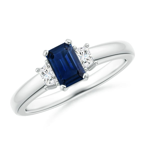 Angara Natural Blue Sapphire Ring - Emerald-Cut Blue Sapphire and Trapezoid Diamond Three Stone Ring in Platinum for Women (Ring Size = 10)