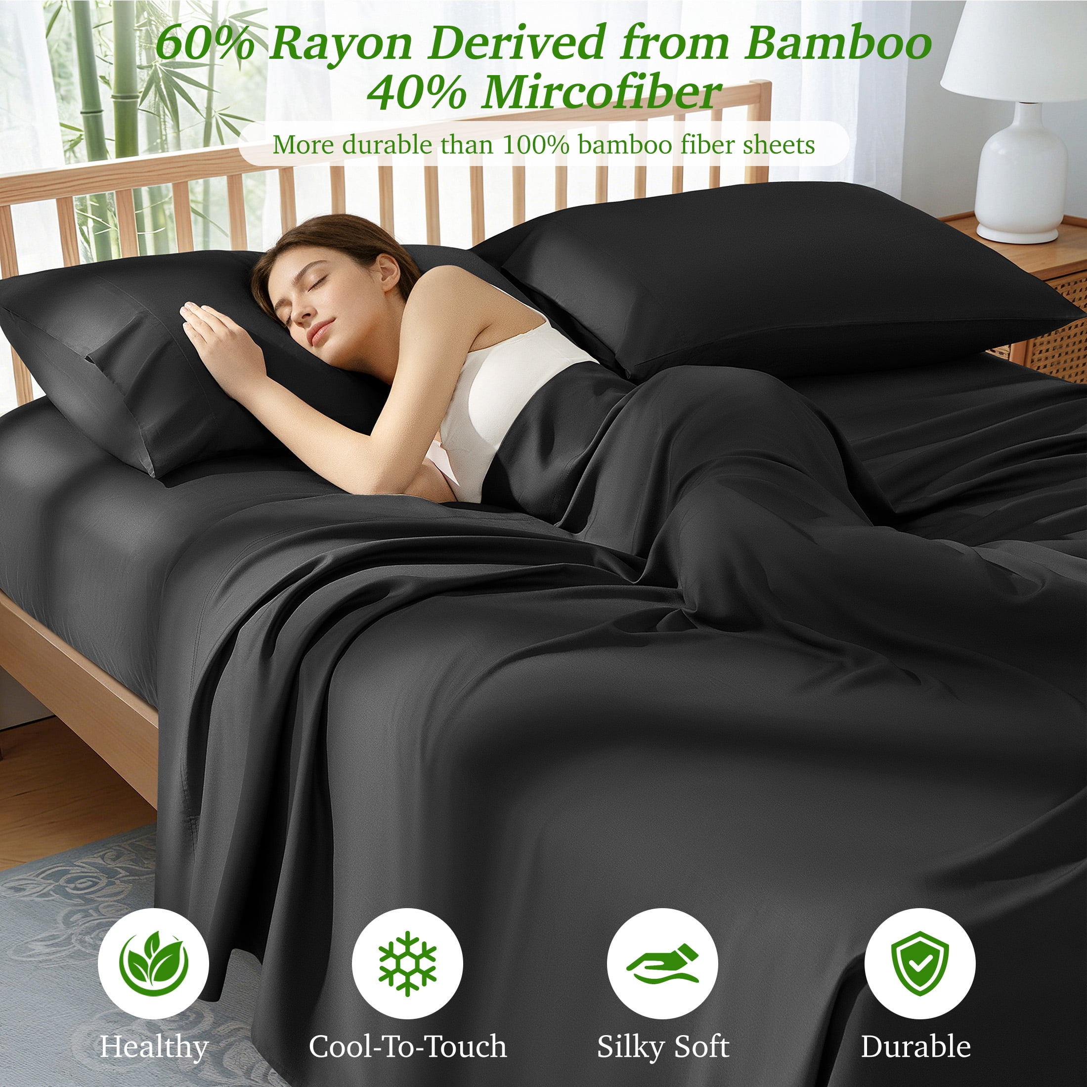 AiAngu Bamboo King Sheet Set, Luxury Soft 4 Pieces Bed Sheets with 18" Deep Pocket, Black