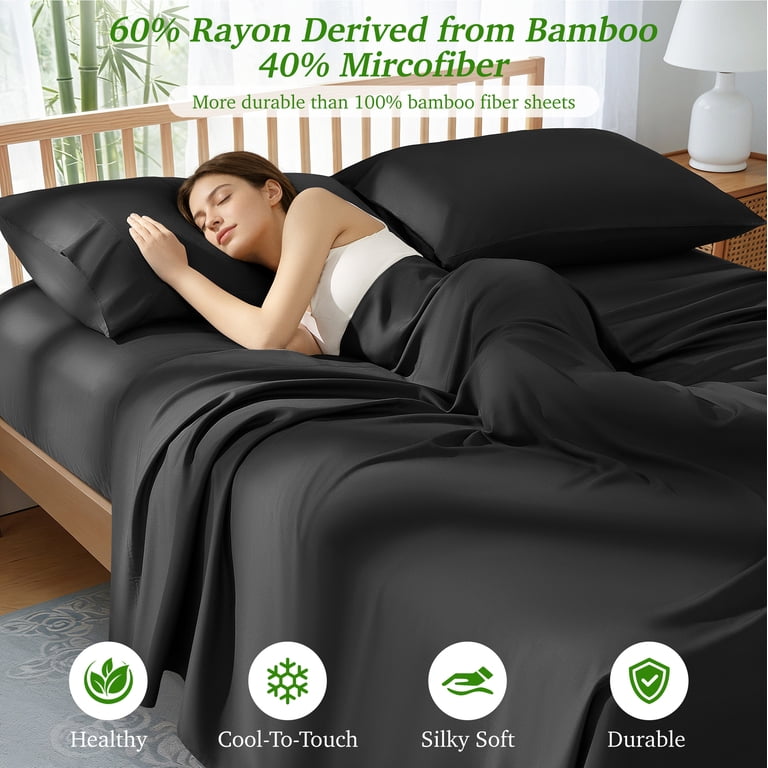 AiAngu Twin XL Bamboo Sheet Set, Black 3-Piece photo 6