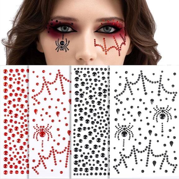 Face Gems, Face Jewels for Women, Stick On Red, Black Face Rhinestones, Halloween Makeup Face Stickers, 3D Spider Web Jewels Stickers, Rave Accessories