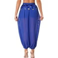 thumbnail image 3 of YONGHS Women's Belly Dance Costume Coins Side Split Lantern Harem Pants Arabic Halloween Trousers Royal Blue One Size, 3 of 7
