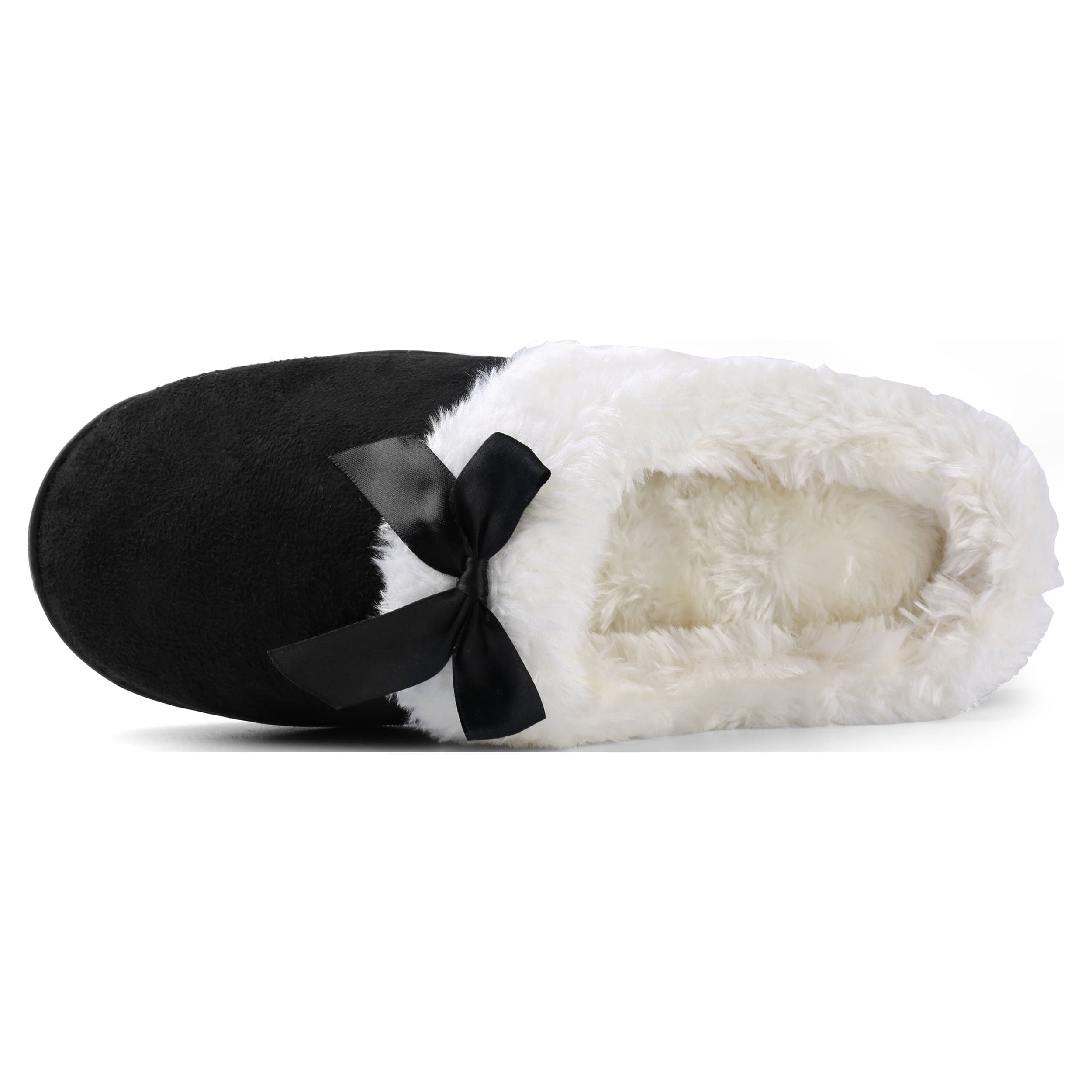 Women's Soft and Cozy Ribbon Bow Plush Slippers With No-Slip Rubber Sole For Indoor, Outdoor, Spa Use (Black)
