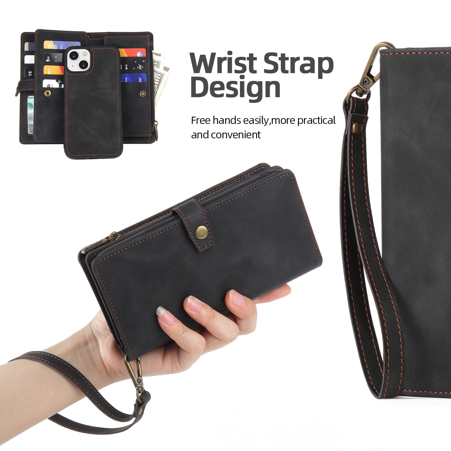 Dteck for iPhone 14 Plus Case, iPhone 14 Plus Case Wallet for Women Men, Durable PU Leather Magnetic Flip Lanyard Strap Wristlet Zipper Card Holder Phone Cases for iPhone 14 Plsu 6.7 Inch,Black