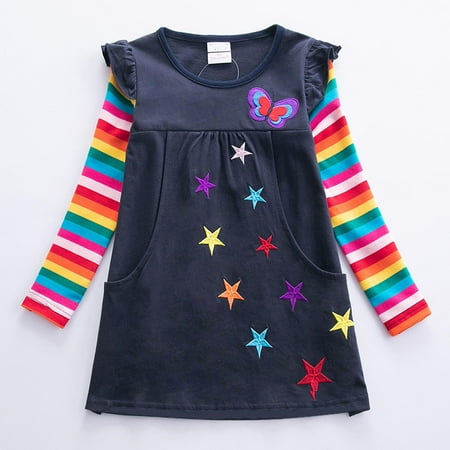 

KONBECA Toddler Girl Outfits Princess Dresses Baby Girls Long Sleeve Star Butterfly Embroidery Rainbow Two Pocket Casual Dress Cotton Dresses Black (6-7 Years)