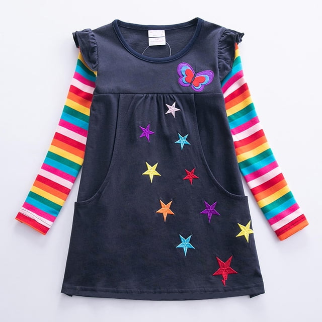 DPTALR Robe à Deux Poches à Manches Longues pour Fille, Broderie d'Étoiles, Vêtements pour Enfants