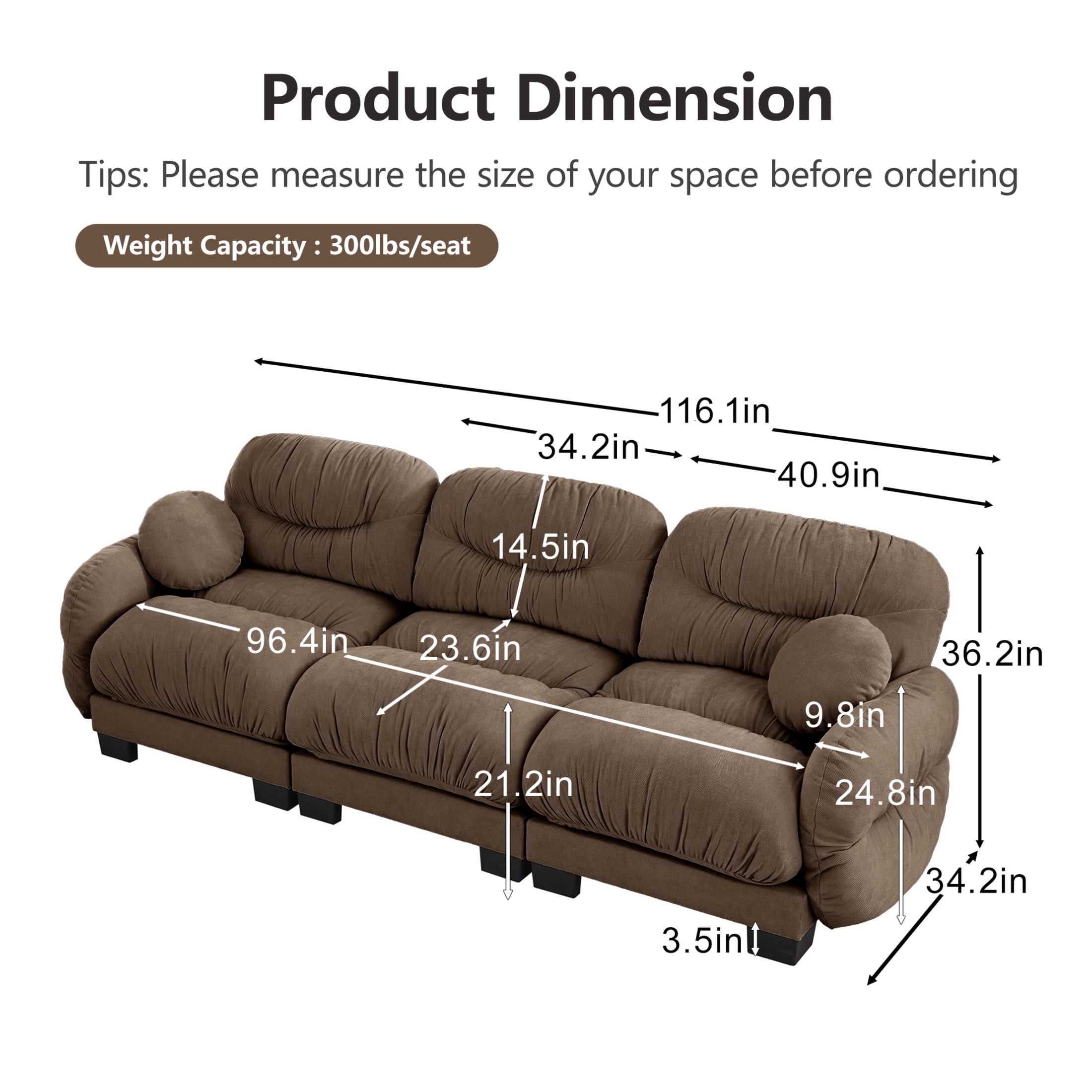 Noble House Corlan Pleated Chenille 3-Seater Sectional Sofa, Modular Deep Seat Couch with Throw Pillows, Brown