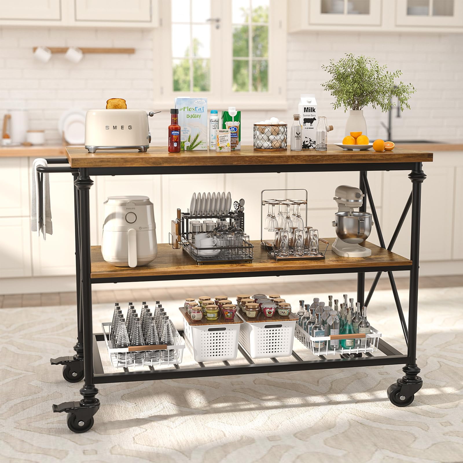 Aheaplus 3-Tier Rolling Kitchen Island with Locking Wheels – Industrial Wood Top Cart for Extra Storage, Mobile Prep Space & Coffee Bar – Easy Assembly,Rustic Brown