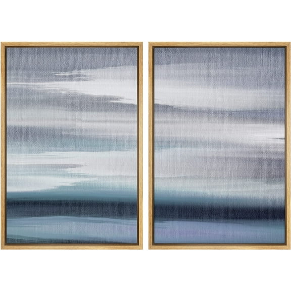 IDEA4WALL Framed Canvas Print Wall Art Set Pastel Storm Cloud Blue Ocean Horizon Wilderness Nature Modern Art Geometric Minimalism Prints Chic Relax/Calm for Rooms - Natural 24"x36"x3