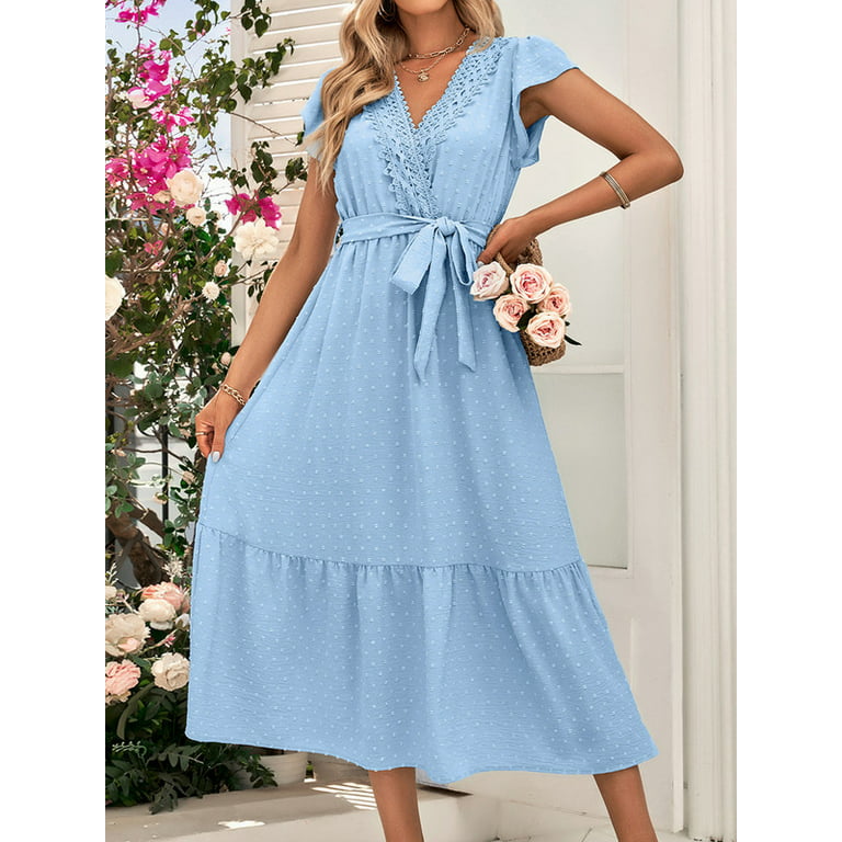 Inadays 2023 Summer Casual Dress for Women Flutter Sleeve Lace