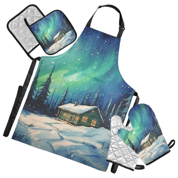 House in Winter under Aurora 5 Pcs Kitchen Set Heat Resistant Oven Mitts and Non-Slip Pot Holders with Adjustable Cooking Apron