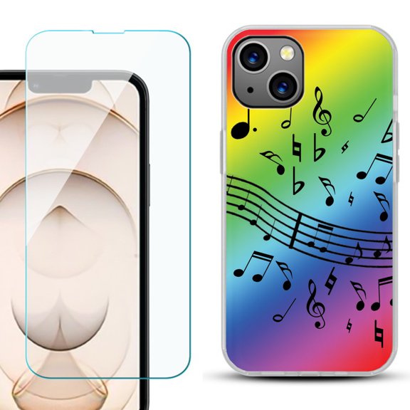 Slim-Fit Flexible TPU Gel Phone Case for iPhone 13, with Tempered Glass Screen Protector, by OneToughShield ® - Music Notes / Rainbow