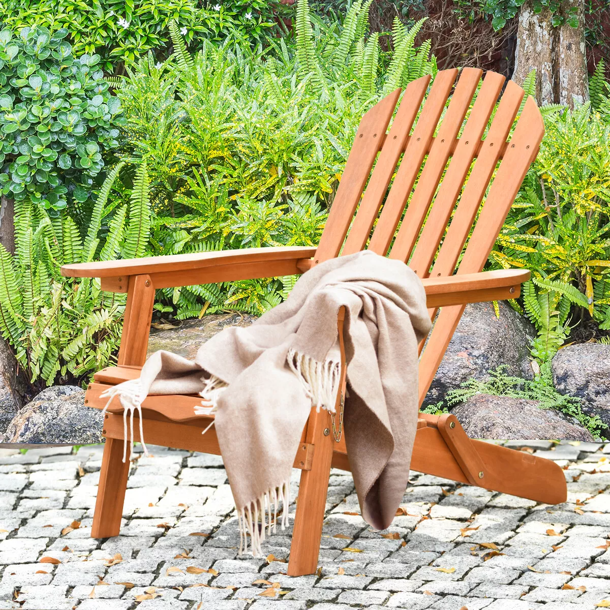 Glavbiku Folding Adirondack Chair Set of 4,Wood Lounge Chairs with High Backrest for Patio,Brown