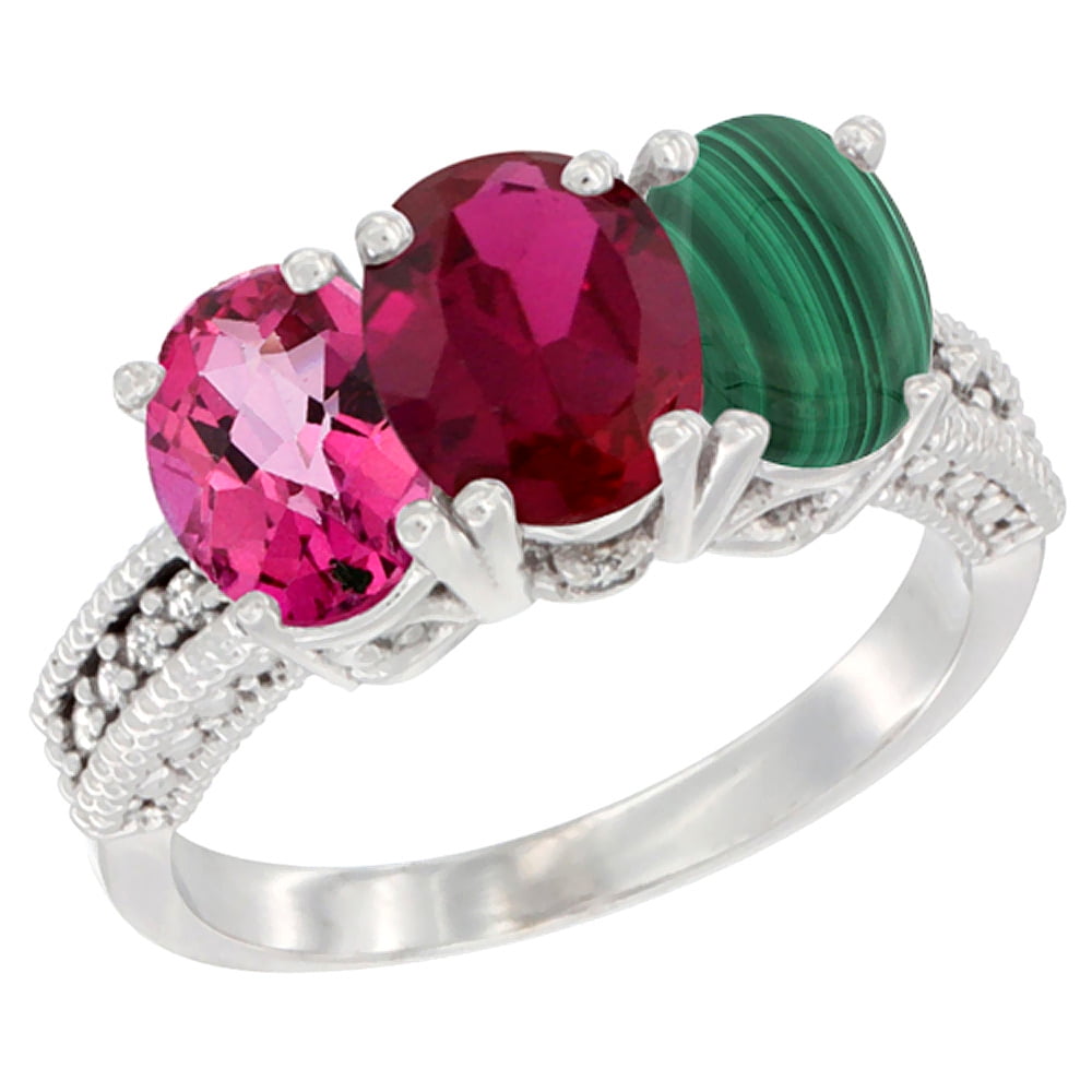 10K White Gold Natural Pink Topaz, Enhanced Ruby & Natural Malachite Ring 3-Stone Oval 7x5 mm Diamond Accent, sizes 5 10 by WorldJewels