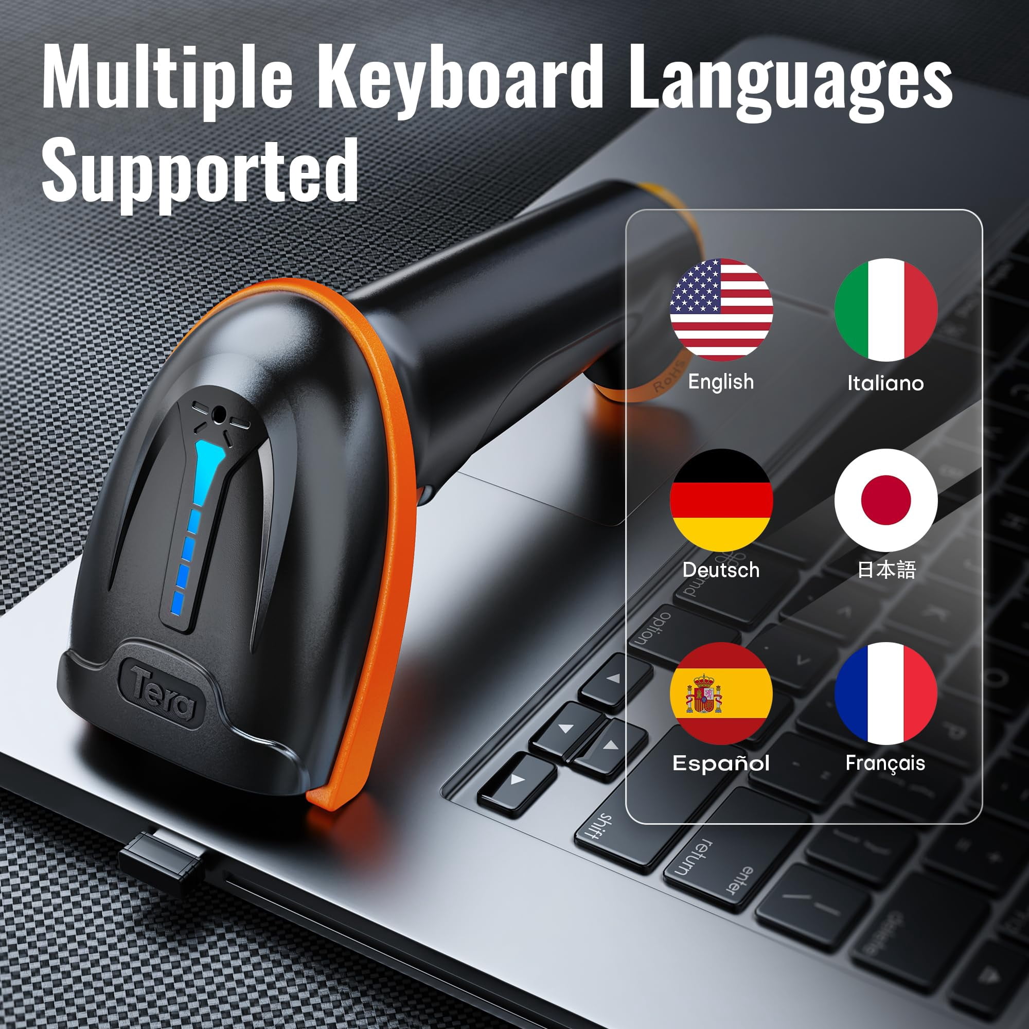Tera D5100 Wireless Barcode Scanner, Handheld 1D/2D QR Code Reader with Wired Option for Windows Mac Linux (Orange)