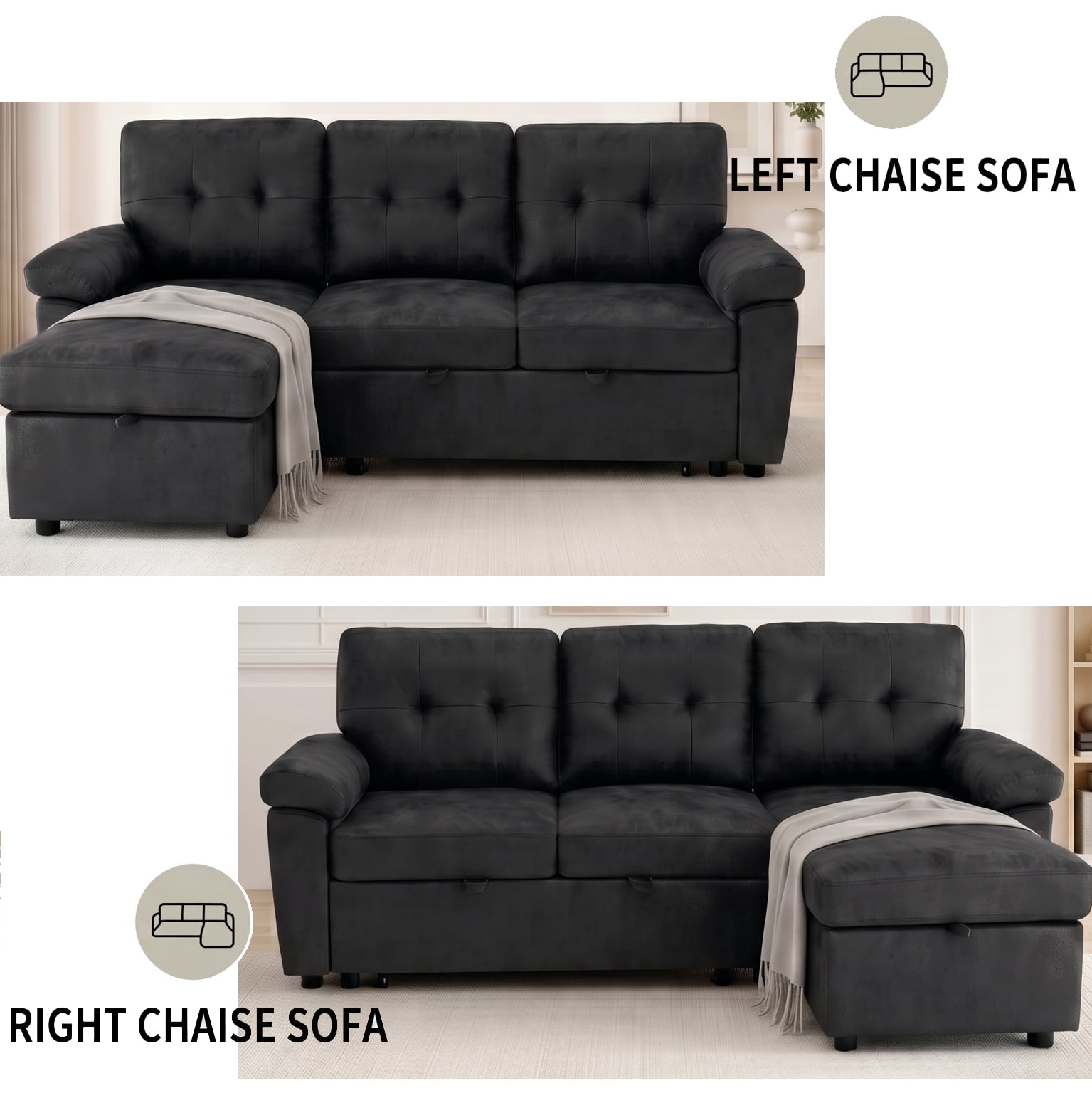 Garitin Sectional Sofa Bed and L Shaped Convertible Couch 88.5 Inch, Pull Out Sleeper with Storage Chaise for Living Room, Black