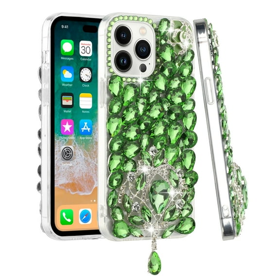 For iPhone 15 Case Full Bling Faux Diamond 3D Large Jewel   2 Tempered Glass