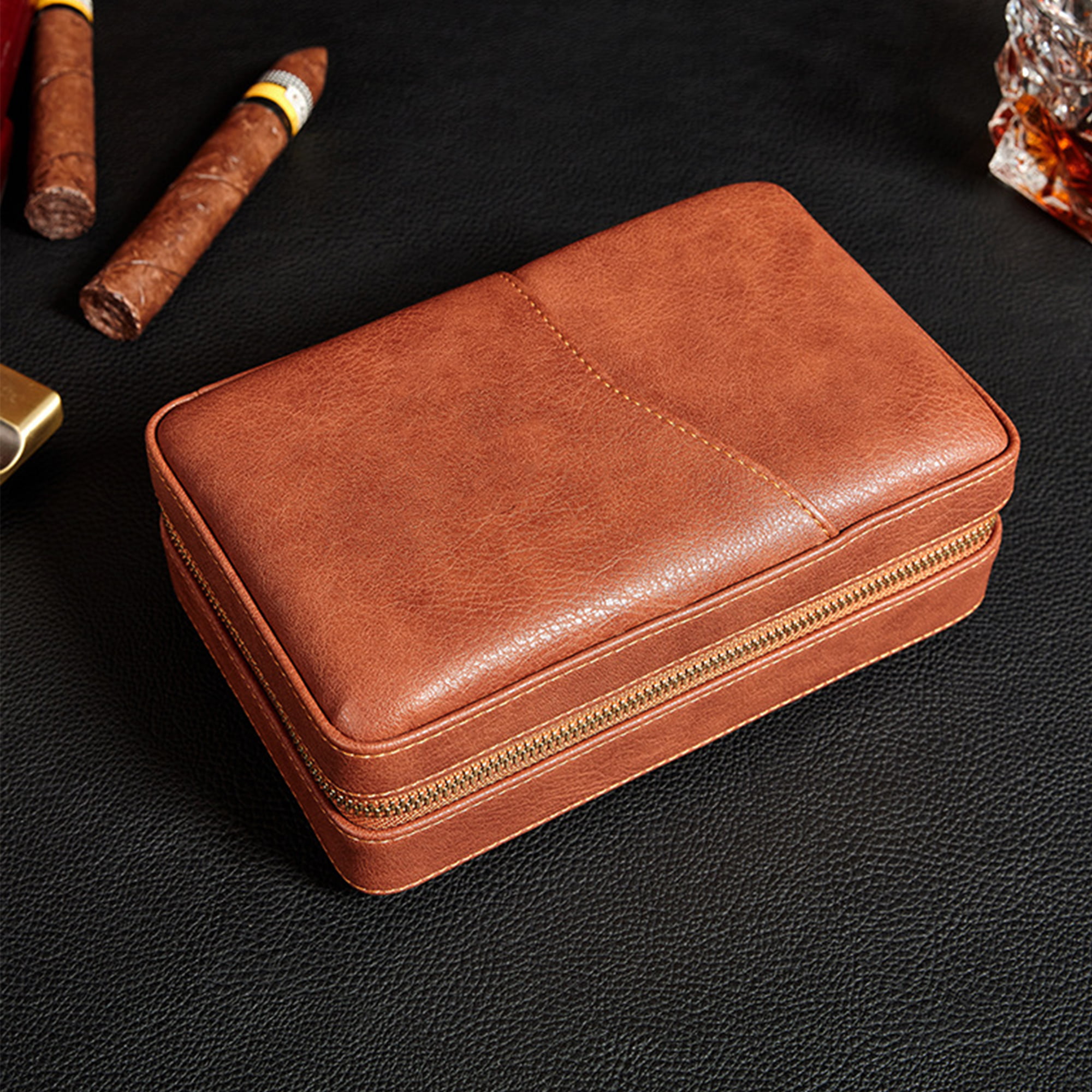 Gudamaye Cigar Case,Cedar Wood Travel Leather Cigar Case,Portable Travel  Leather Cigar Case Built in Hygrometer,Travel Cigar Case Humidor,Cigar