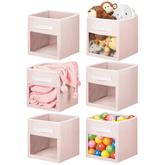 mDesign Fabric Nursery Storage Cube with Front Window, 6 Pack - Light Pink/White