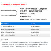 Valve Cover Gasket Set - Compatible with 2006 - 2015 Honda Civic 2007 2008 2009 2010 2011 2012 2013 2014