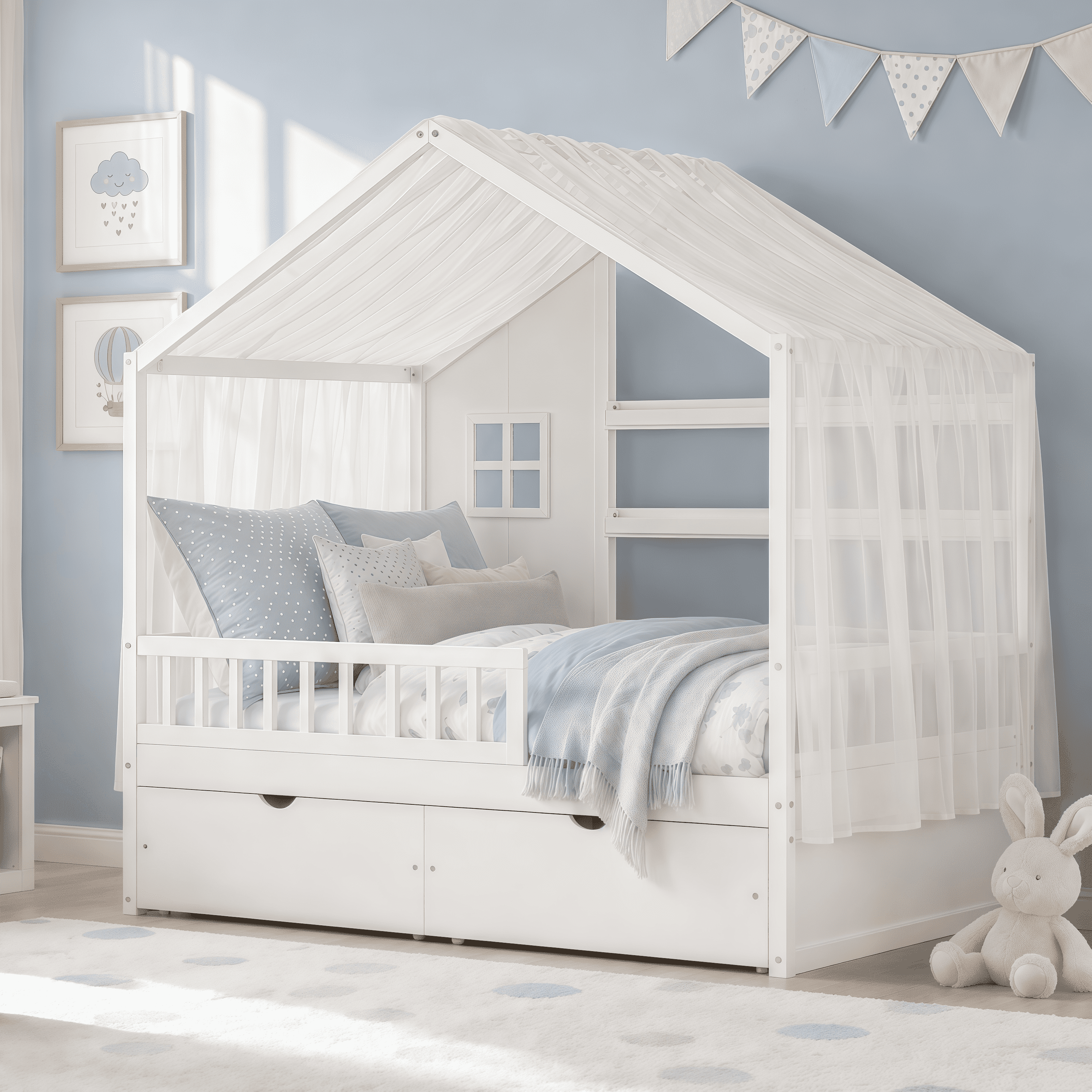 Euroco Wood Twin Size House Bed with Roof and Curtains, Montessori Floor Bed with Drawers and Safety Guardrails,No Box Spring Needed, White