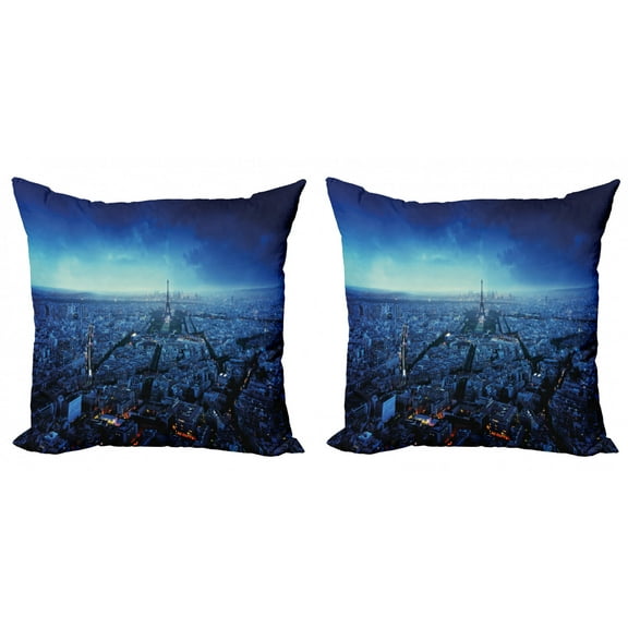 Ambesonne Paris Throw Pillow Cover 2 Pack, Eiffel Tower Cityscape, 24", Navy Blue
