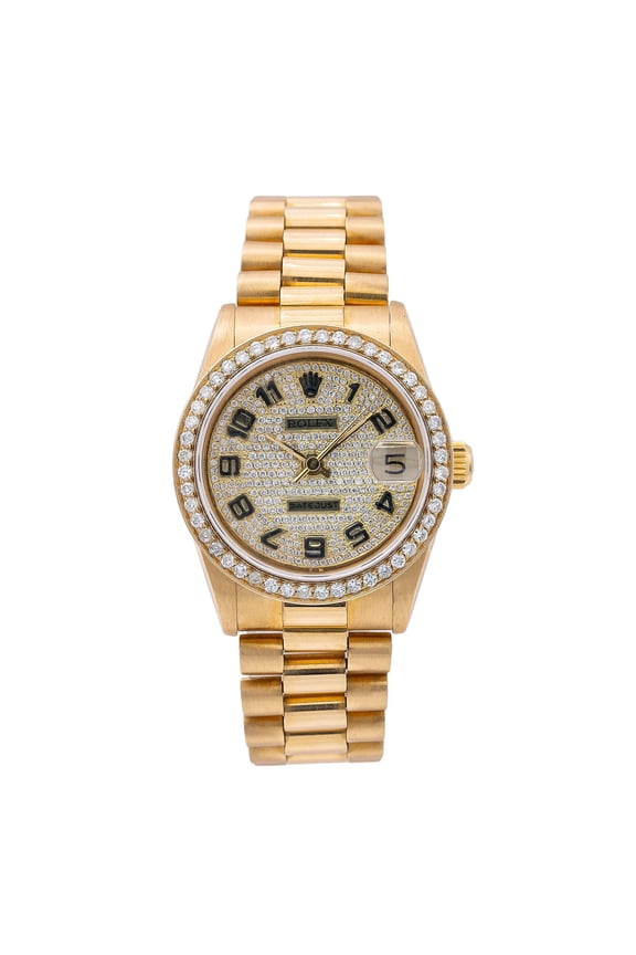Pre-Owned Rolex Datejust 31MM 68278 Diamond Paved Arabic Dial Diamond Bezel 18K Yellow Gold President Bracelet 2.5ct