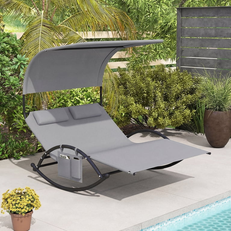 Gymax, Outdoor Double Chaise Rocker, Gray Polyester, Sun Canopy