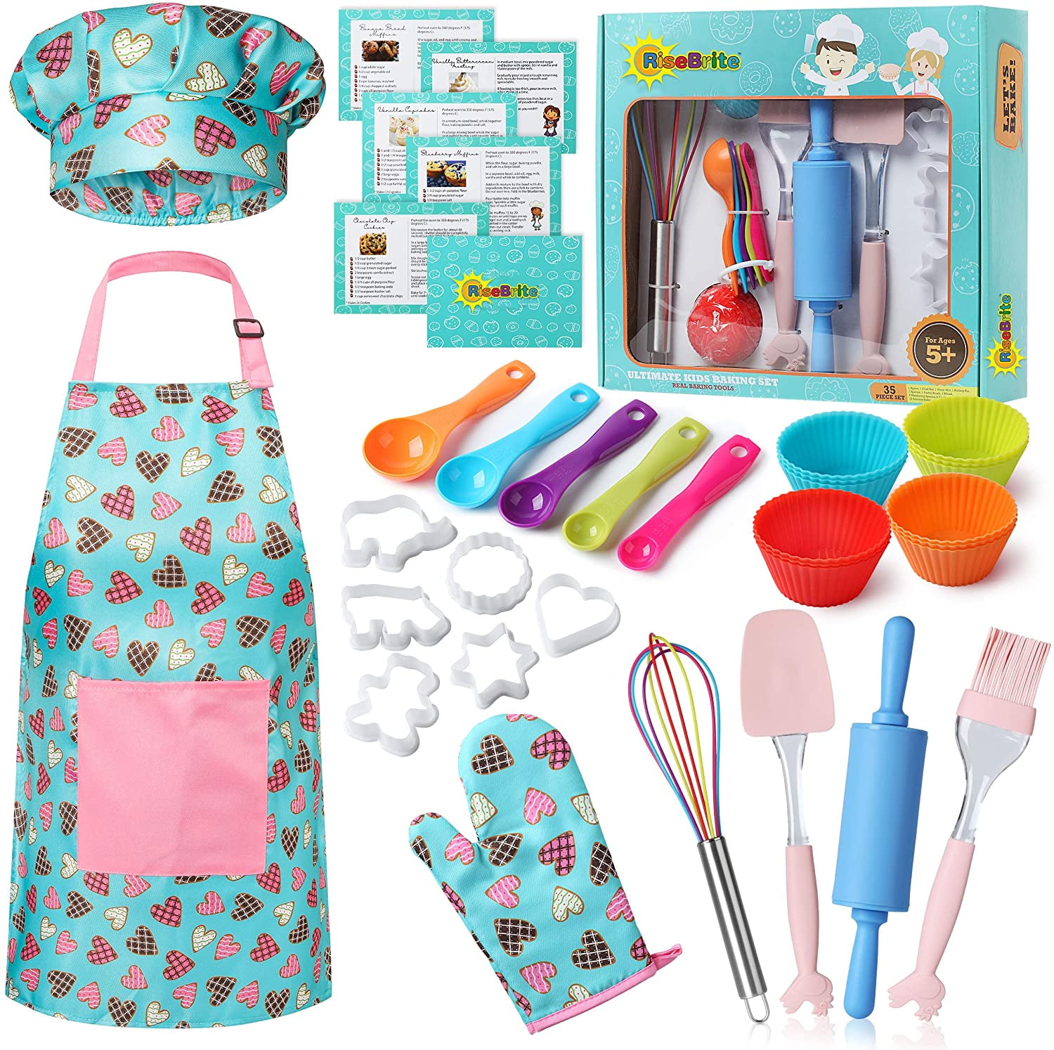Recipes and Kitchen Accessories Tools for Toddler Dress Up Kids Gift for Little Kids Gift Chef Hat Oven Mitt Kids Baking Set Real Cooking Kit Supplies with Kids Apron 