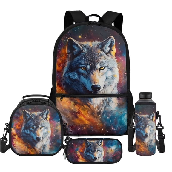 Uorisanigo Galaxy Wolf School Backpack Set with Lunch Box Pencil Case Water Bottle Holder Pouch, 4 Pieces, Boys, Bookbag Children's Backpacks for Middle School