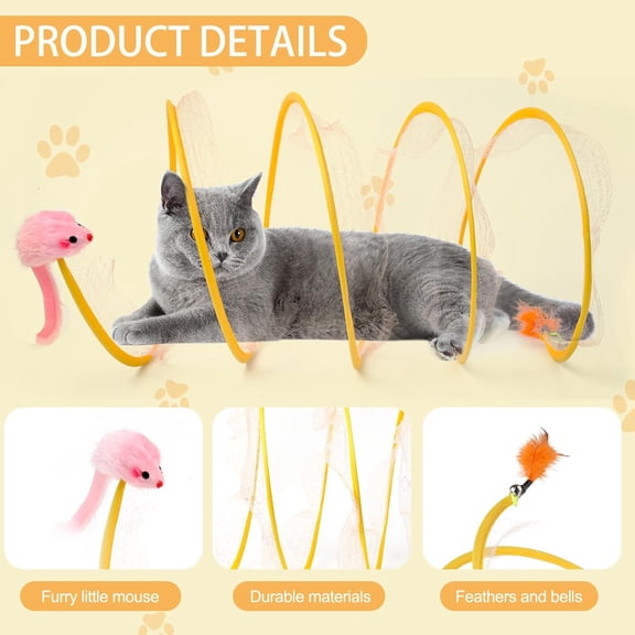 Large Cat Tunnel Beds - Indoor & Outdoor,Kitten Collapsible Spring Tunnel Toy with Feather and Bell,Interactive Spring Toys for Cats & Kittens（1pcs-Yellow /Mouse Feather Style）