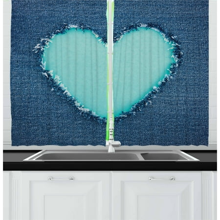 Navy and Teal Curtains 2 Panels Set, Ripped Denim Jean Fabric Image Heart Shape Love Romance Valentines Day, Window Drapes for Living Room Bedroom, 55W X 39L Inches, Navy Blue Seafoam, by