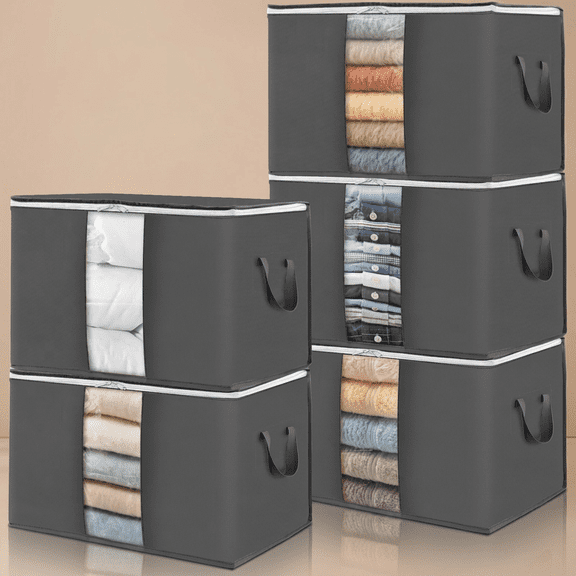 Norcho 5 Pack Collapsible Clothes Storage Bags with Lids Zips Clear Window, Gray 21.9x14x12.6"