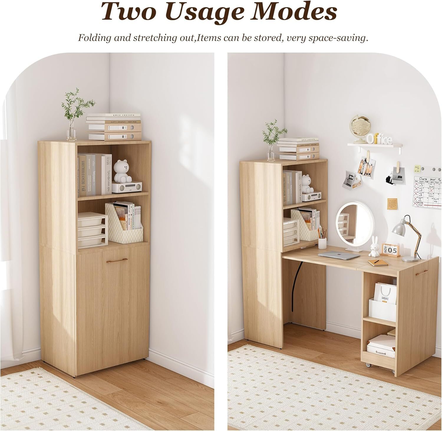 Montary Mobile L-Shaped Desk with Shelves & Wheels, Foldable & Expandable Office Desk for Small Spaces (Natural)