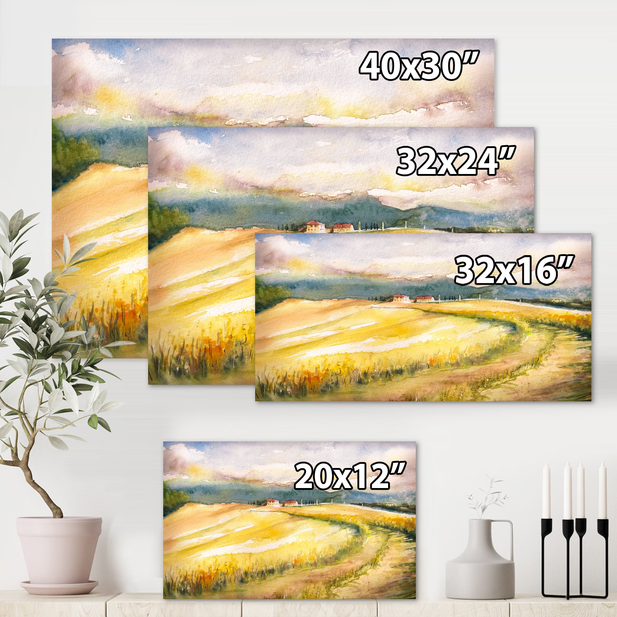 Designart ' Golden Grass Fields of Tuscany Italy ' Country Canvas Wall Art Print