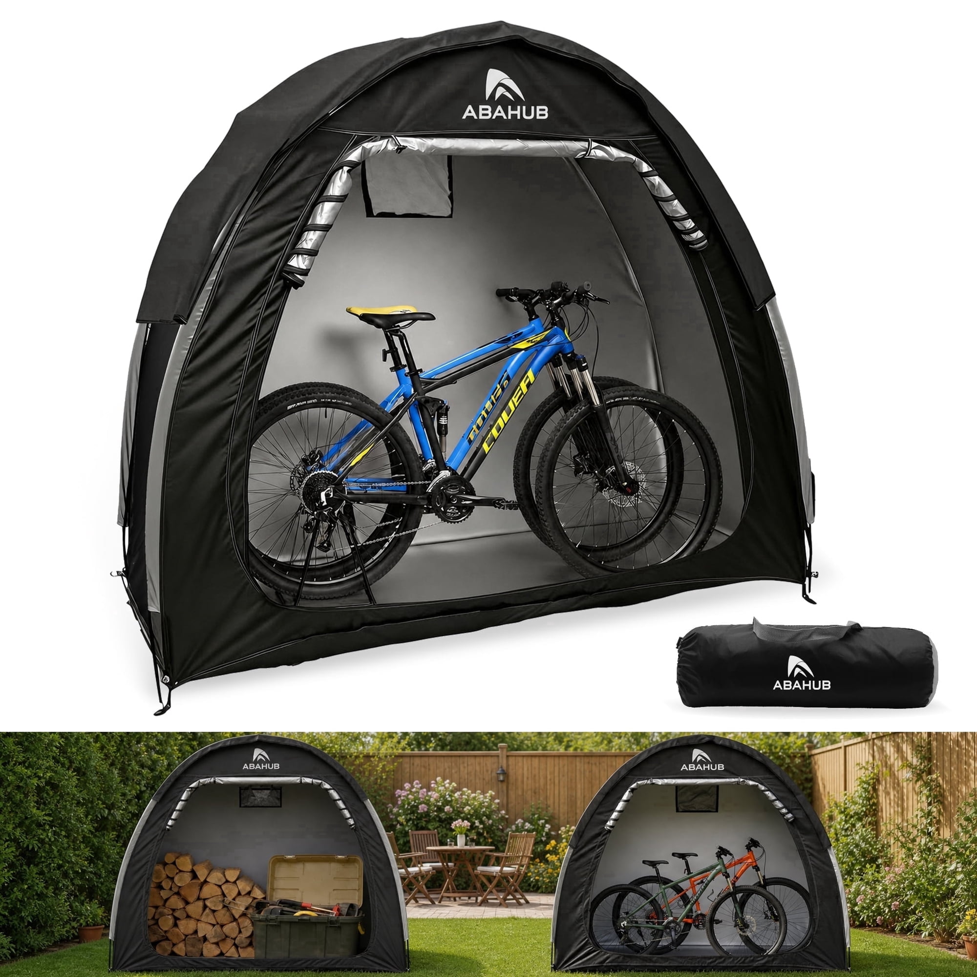 AbahubFit Portable Bike Storage Shed Tent for 1-2 Bikes, PU4000 Waterproof 210D Silver-Coated Oxford Fabric with Rain Cover & Ventilation Window