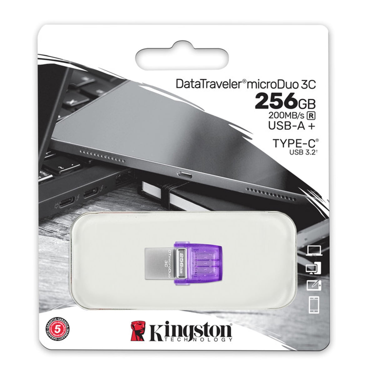 Kingston DataTraveler microDuo 3C USB Flash Drive - 256 GB - USB 3.2 (Gen 1) Type C, USB 3.2 (Gen 1) Type A - 200 MB/s Read Speed - Purple - 5 Year Warranty