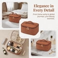 thumbnail image 5 of Large Capacity Travel Makeup Bag, Portable PU Leather Woven Textured Cosmetic Organizer Case with Handle, Wide Open Zipper Makeup Storage Bag with Dividers for Women Travel Daily Use, Brown, 5 of 7
