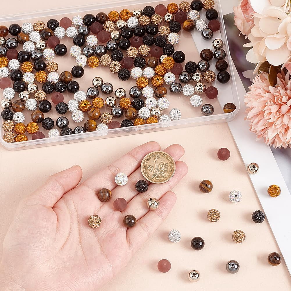 200pcs Black Brown Gold White Beads for Fall Boho Bracelet 10mm Gemstone Rhinestone Round Glass Pave Disco Ball Clay Beads for Jewelry Making 10 Styles Mixed Color