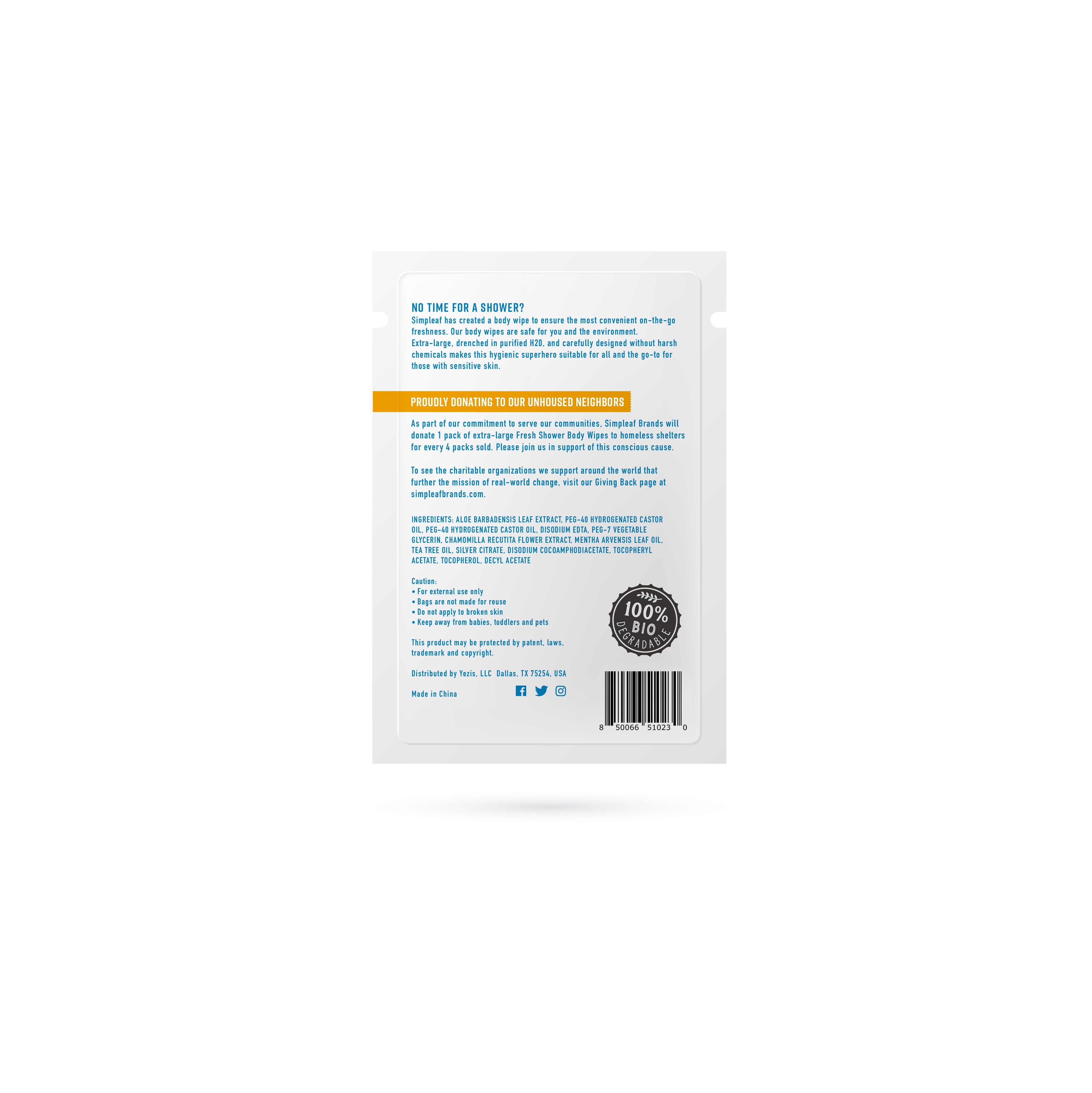 Simpleaf Body Shower Wipes | Extra Large Individually Packed Wipes | Eco- Friendly, Paraben & Alcohol Free | Hypoallergenic & Safe for Sensitive Skin | Vitamin E Infused | 20 Count
