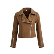 Lamuusaa Women's Faux Leather Jacket, Slim Moto Biker Cardigan Jacket Outerwear, Long Sleeve Zipper Short Jacket