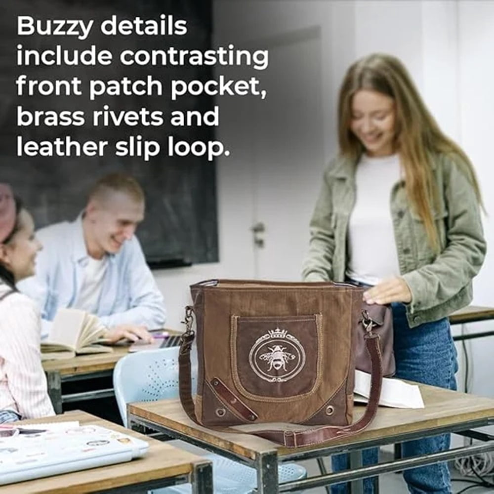 SAGEFINDS Queen Bee Messenger Bag | Upcycled Canvas Shoulder Purse for Women | Earth Friendly Tote | Adjustable and Detachable Crossbody Strap | Zip Closure | 12.25” x 12”