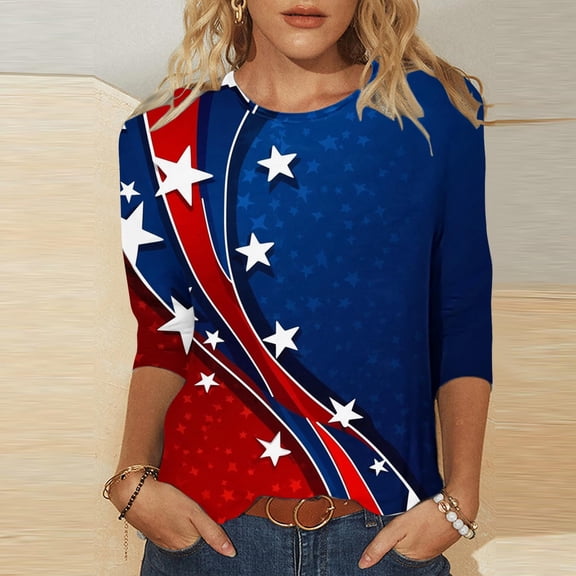 Cavosen Red White and Blue Shirts for Women 4th of July 3/4 Sleeve Crewneck Tops USA Star Striped Print T Shirts Lady XL Red White and Blue Casual Shirts Patriotic Tunic Tees Patriotic Outfits
