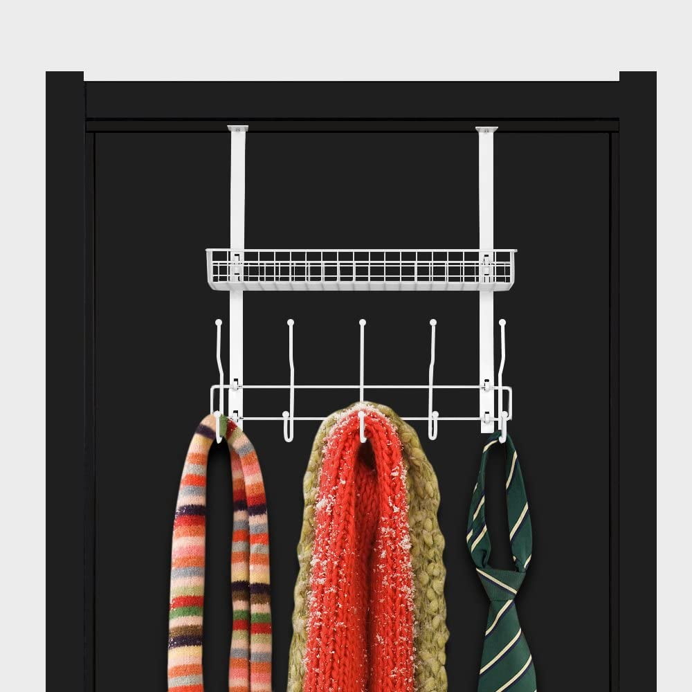 Over-The-Door Hook Shelf Organizer 5 Hooks With Basket Storage Rack, White