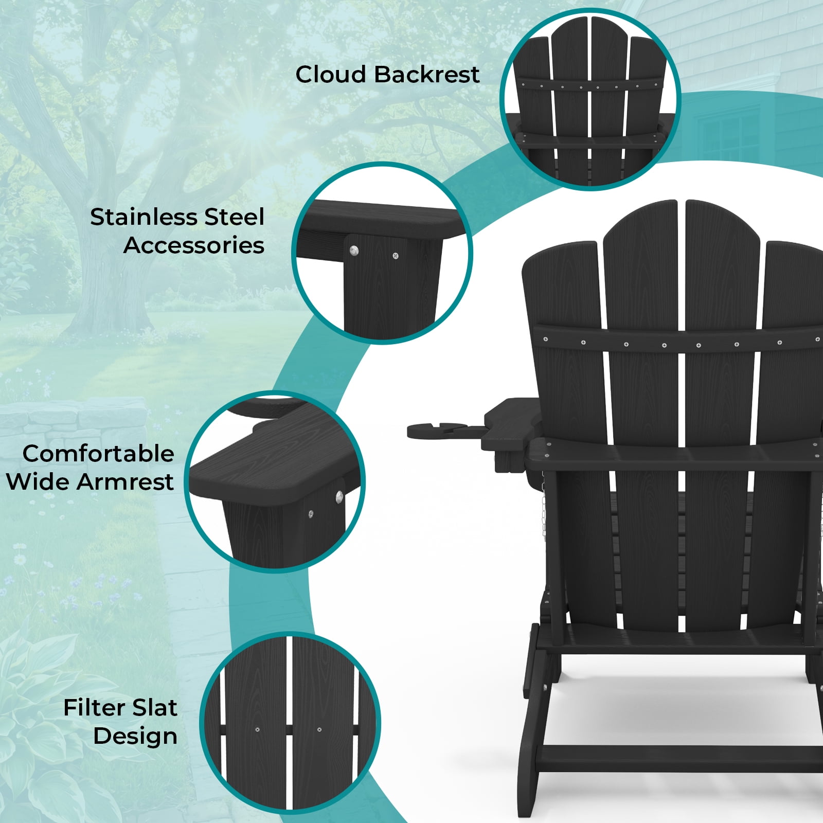 RIAFUN Outdoor Patio chair, Folding HDPE Resin Adirondack Chair with Double Cup Holder, Black